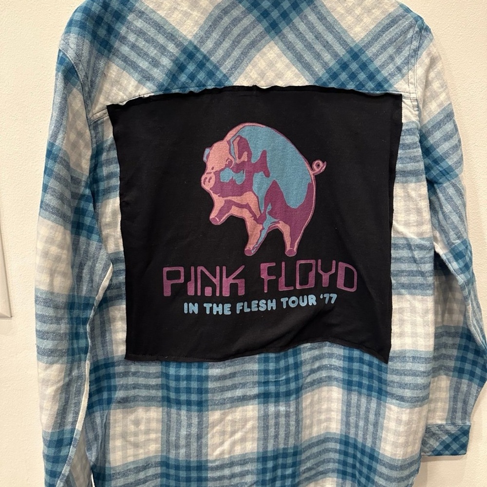 Upcycled flannel Pink Floyd concert T-shirt, Levi denim pocket patch petite L